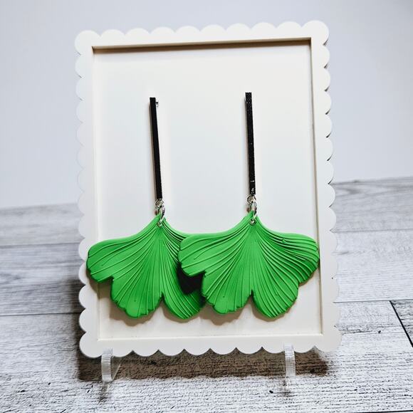Green Ginkgo Leaf Drop Earrings Cottage Bold Dopamine - Picture 2 of 4